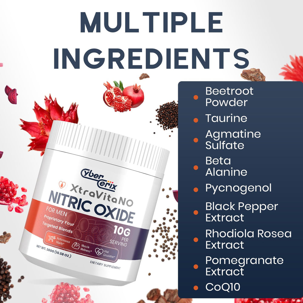 CyberCerix Nitric Oxide ingredients featuring beetroot and taurine for circulation support.