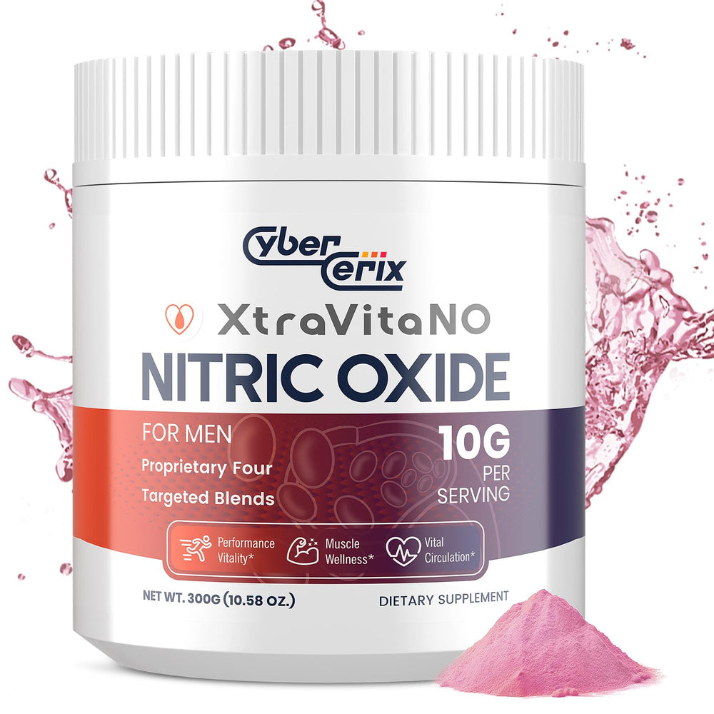 CyberCerix Nitric Oxide powder bottle front for sustained energy during workouts.