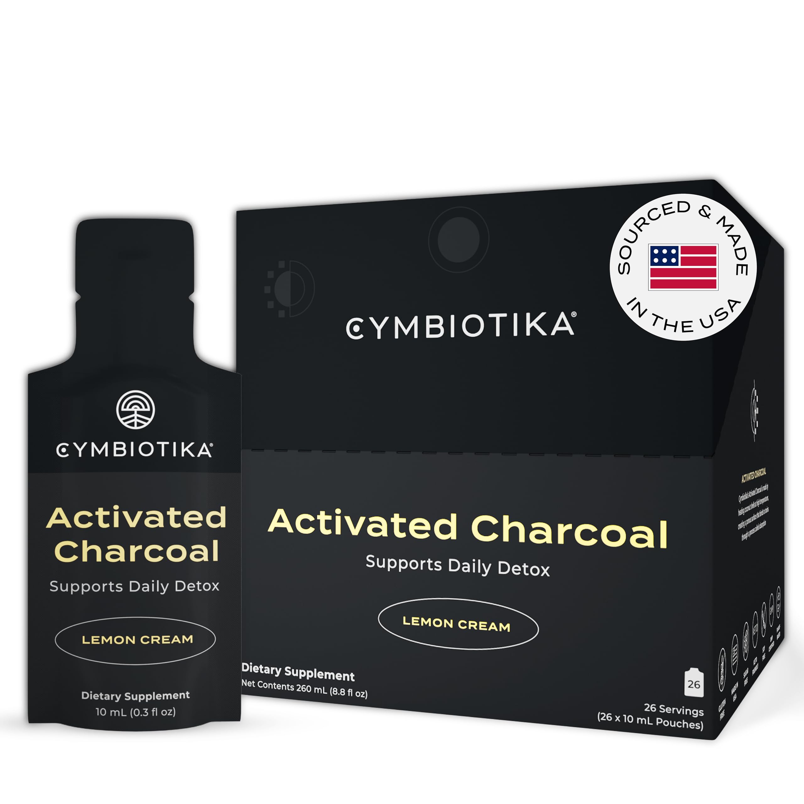 CYMBIOTIKA activated charcoal packets lemon cream bottle for quick post-meal refresh.