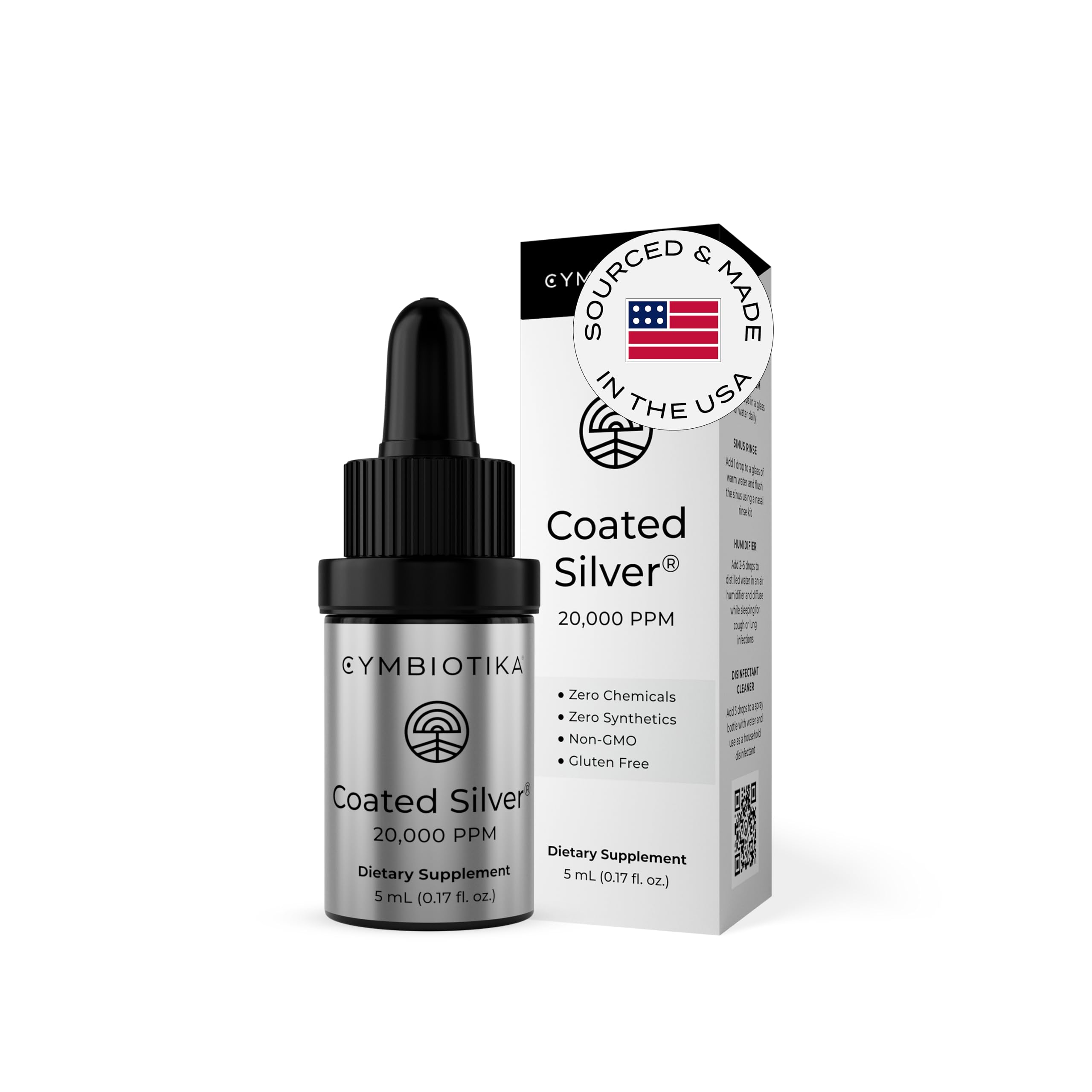 CYMBIOTIKA coated-silver bottle drops demonstrate easy daily dosing for consistent use.