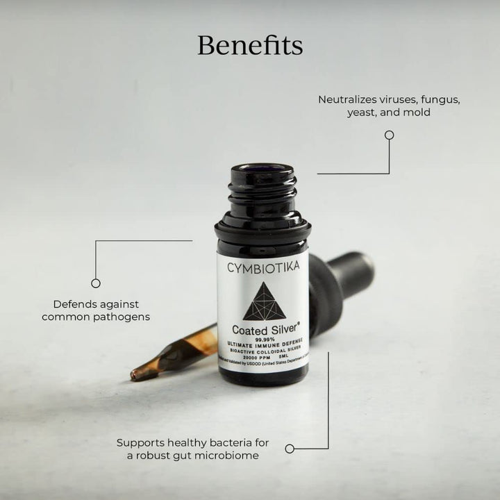 CYMBIOTIKA coated-silver label closeup highlights coating integrity and purity.