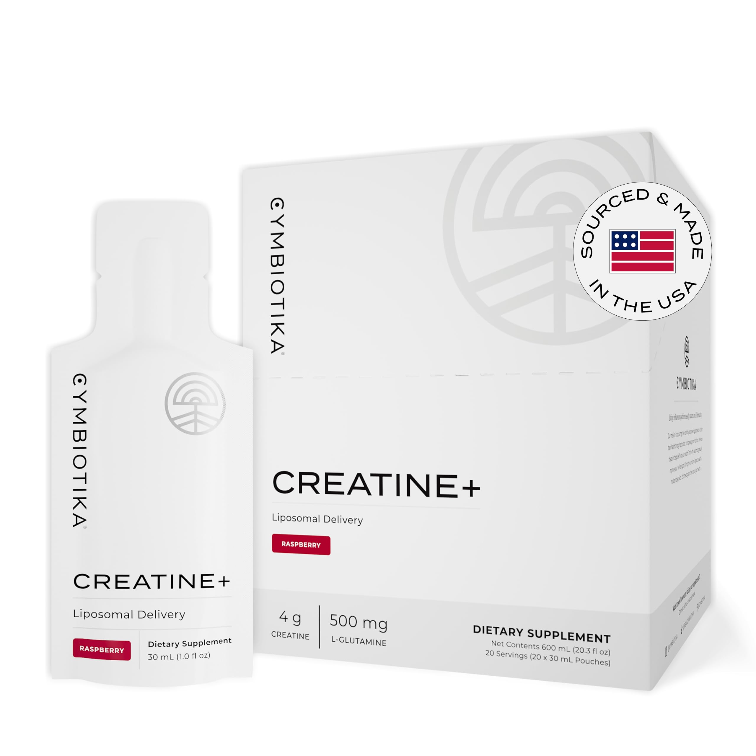 CYMBIOTIKA Creatine+ bottle pour showing quick energy support during workouts