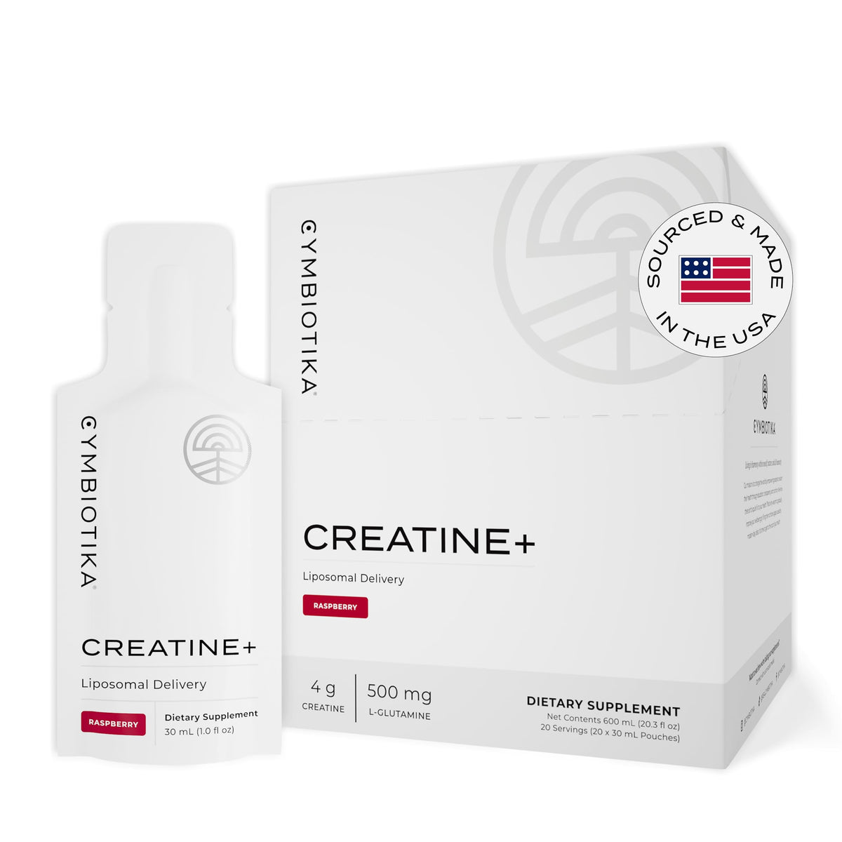 CYMBIOTIKA Creatine+ bottle pour showing quick energy support during workouts
