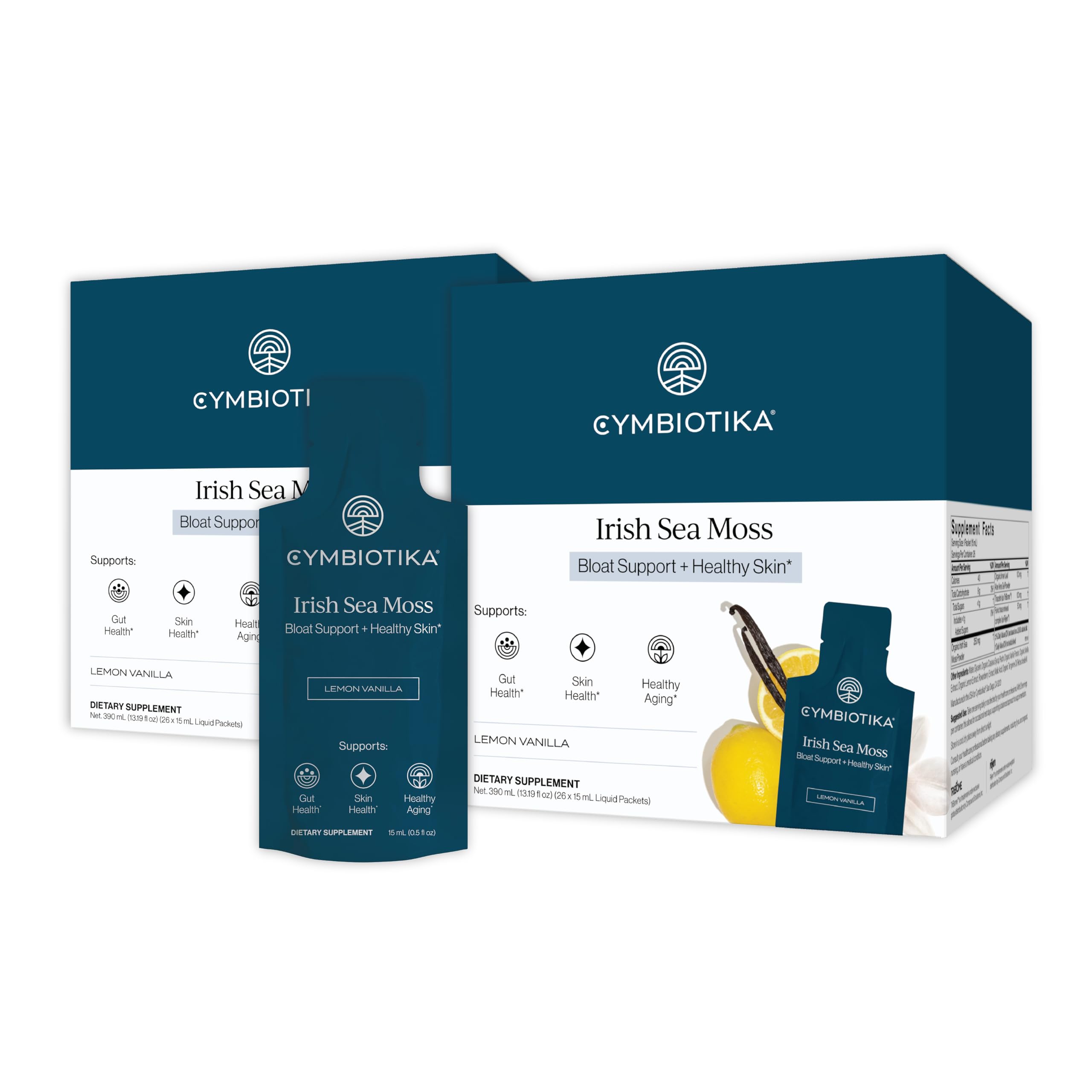 CYMBIOTIKA Irish Sea Moss bottle highlights natural ingredients for daily skin and gut support.