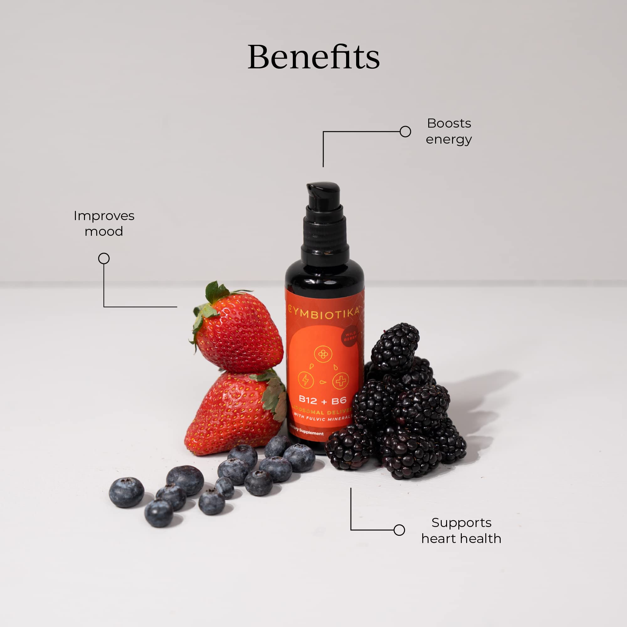 CYMBIOTIKA liposomal B12 liquid bottle on display supports daily energy and focus.