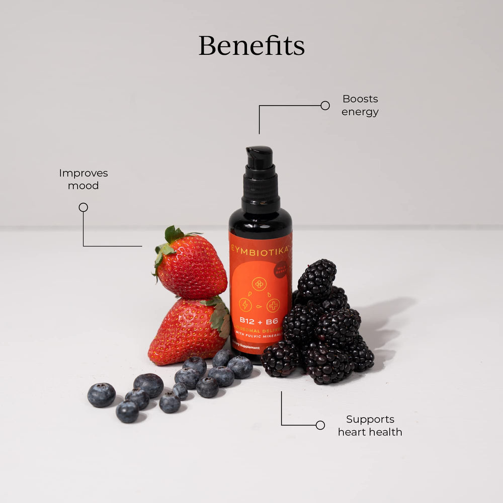 CYMBIOTIKA liposomal B12 liquid bottle on display supports daily energy and focus.