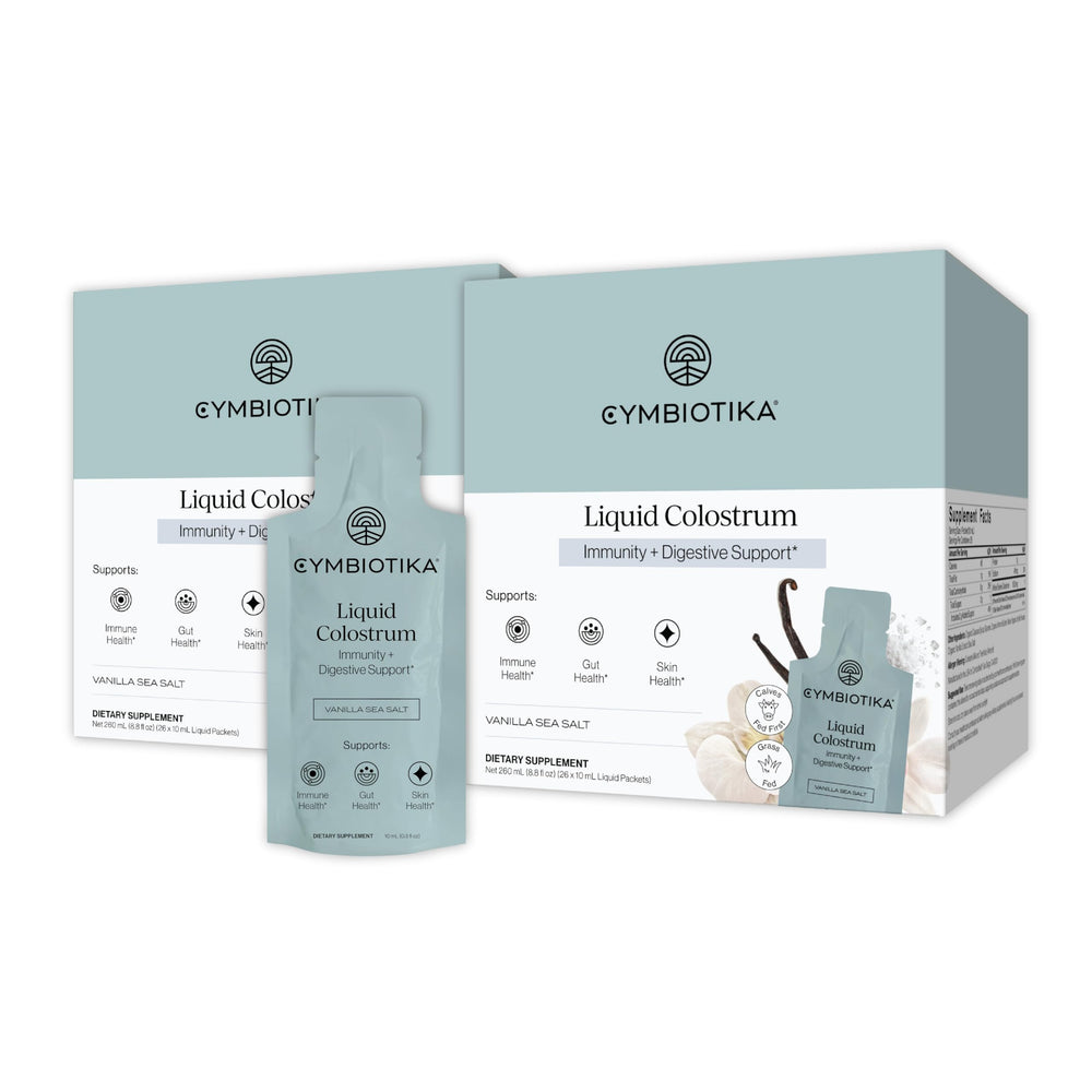 CYMBIOTIKA Liquid Colostrum bottle with vanilla sea salt flavor supports gut balance.