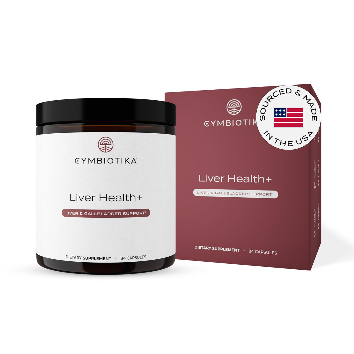CYMBIOTIKA Liver Health+ bottle with capsules for liver support and overall wellness.