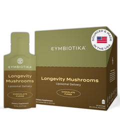 CYMBIOTIKA Longevity Mushrooms pack front highlighting vegan immune-support blend.
