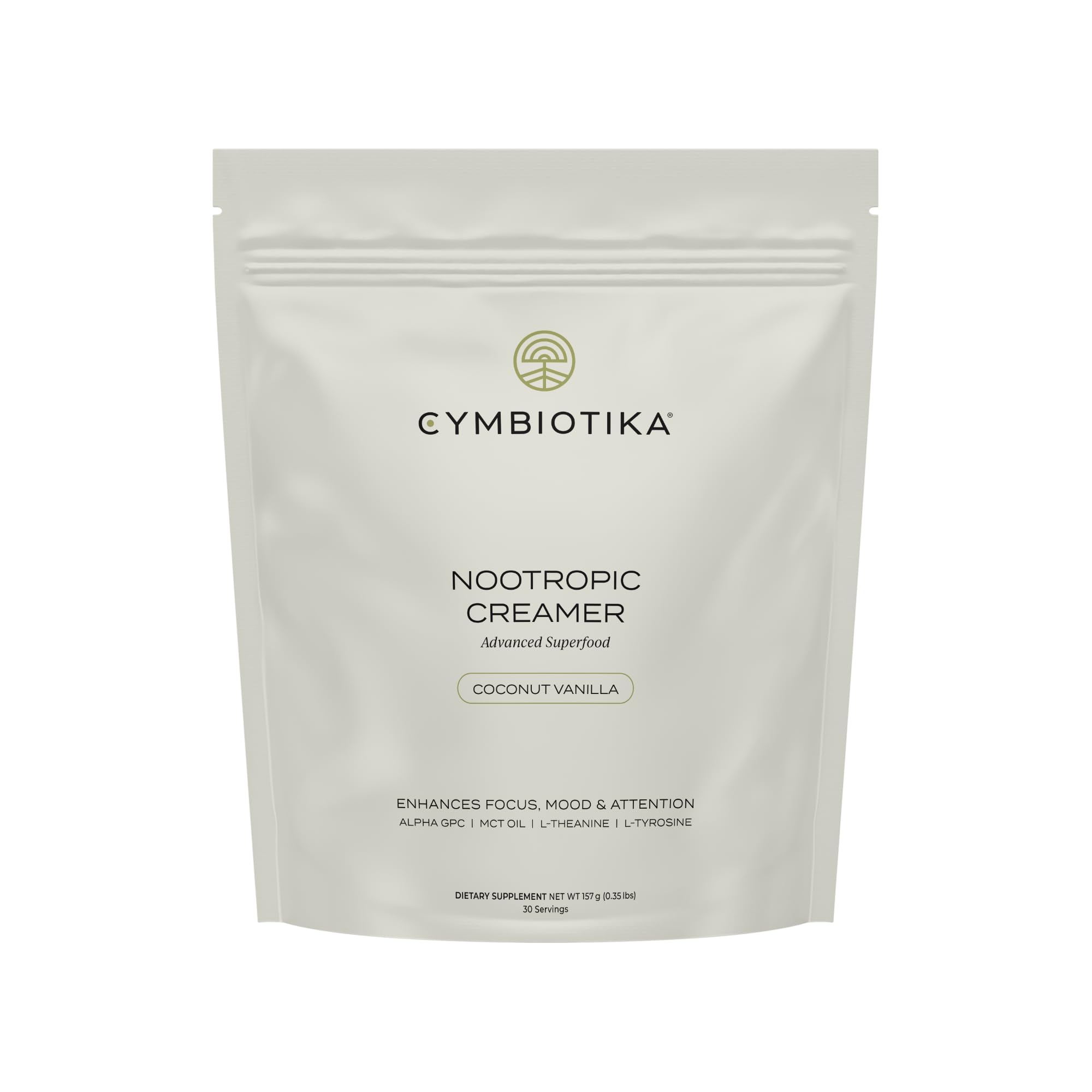 CYMBIOTIKA nootropic creamer bottle, keto-friendly and vegan, designed to support focused mornings.