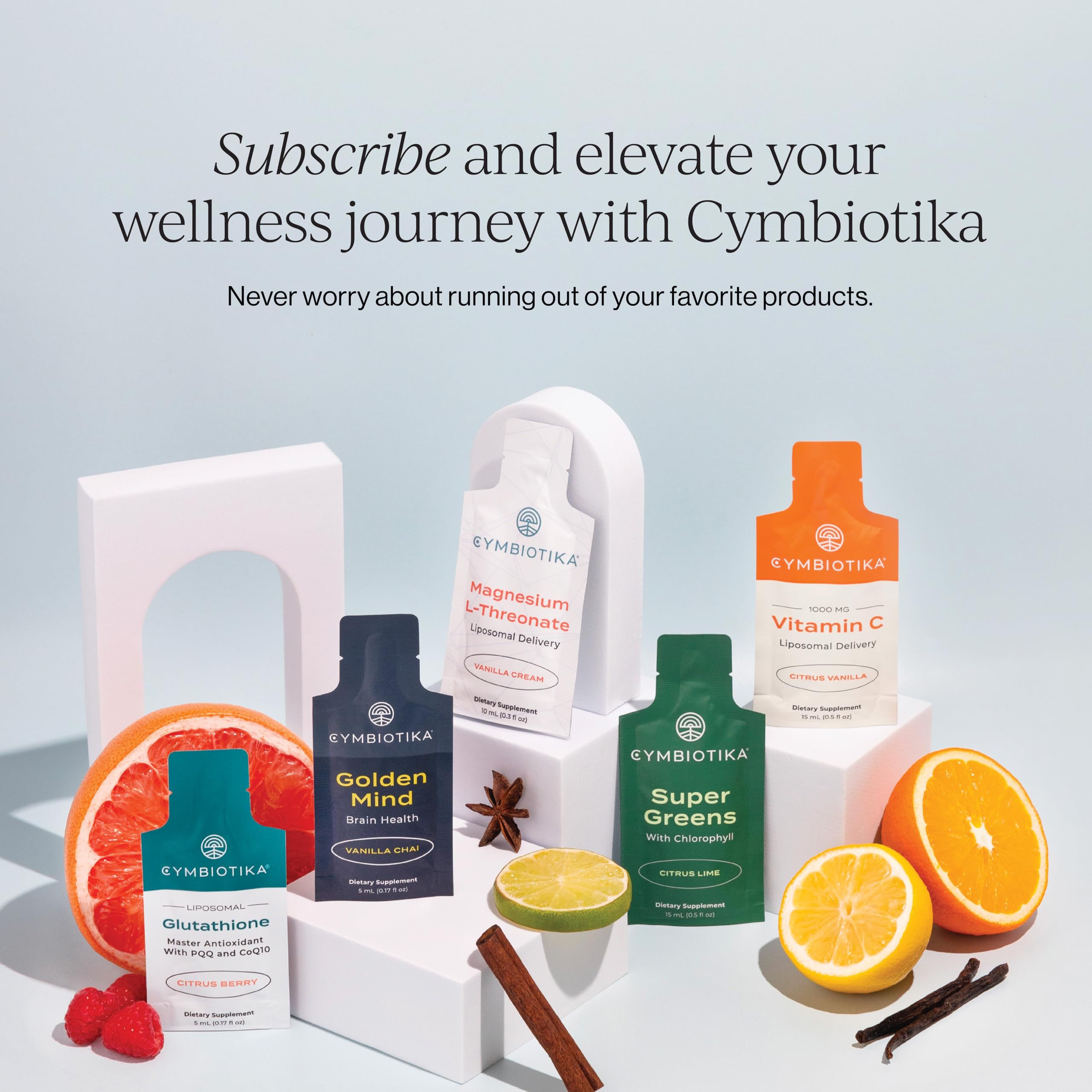 CYMBIOTIKA bottle-and-packet bundle communicates trusted natural supplement.