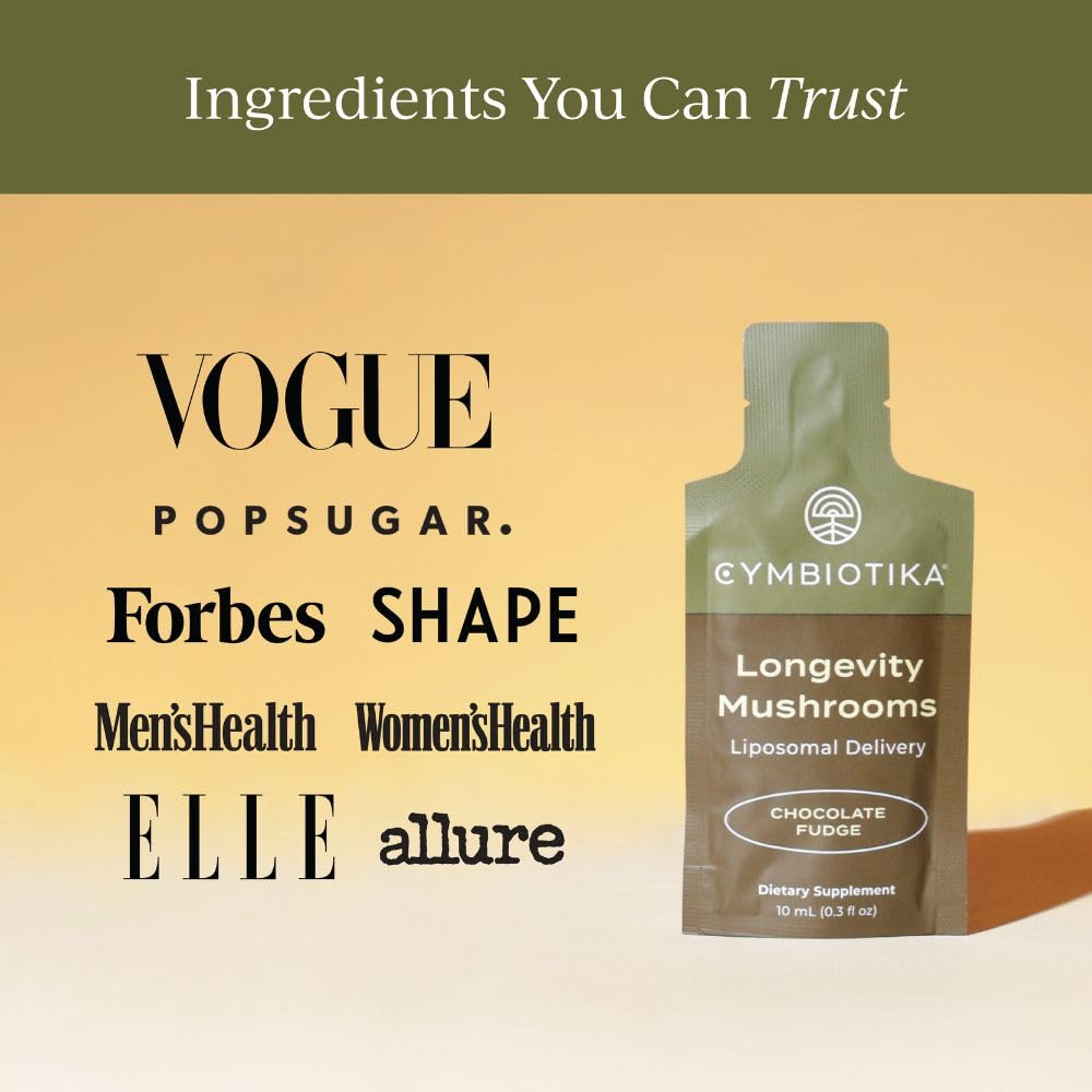 CYMBIOTIKA Longevity Mushrooms packaging label close-up highlighting vegan and keto-friendly traits.