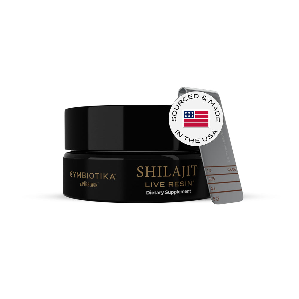CYMBIOTIKA Pure Himalayan Shilajit resin bottle front, premium mineral blend for daily energy.