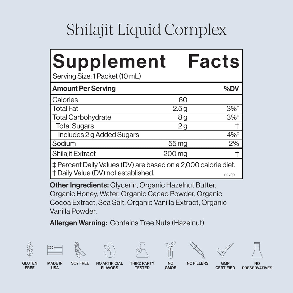 CYMBIOTIKA Shilajit Liquid Complex packaging in glass container signaling mineral-rich formula.