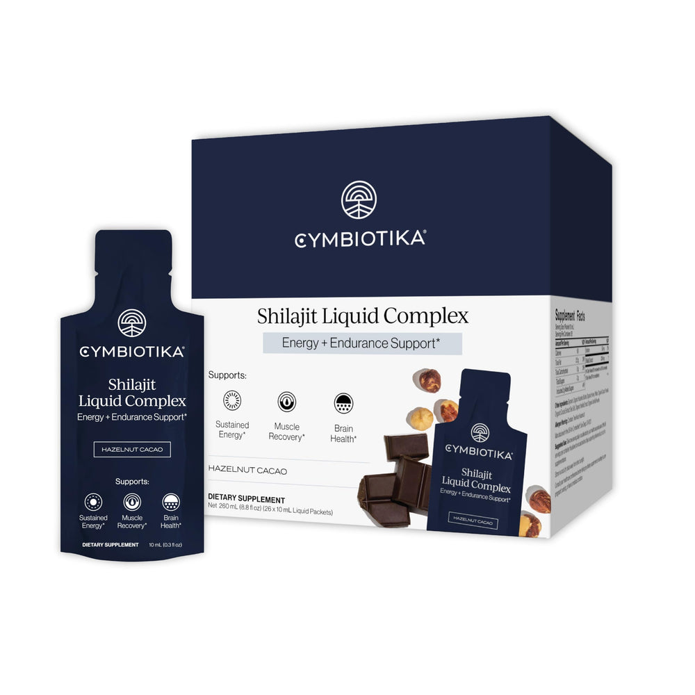 CYMBIOTIKA Shilajit Liquid Complex packet open showing convenient daily serving for energy.