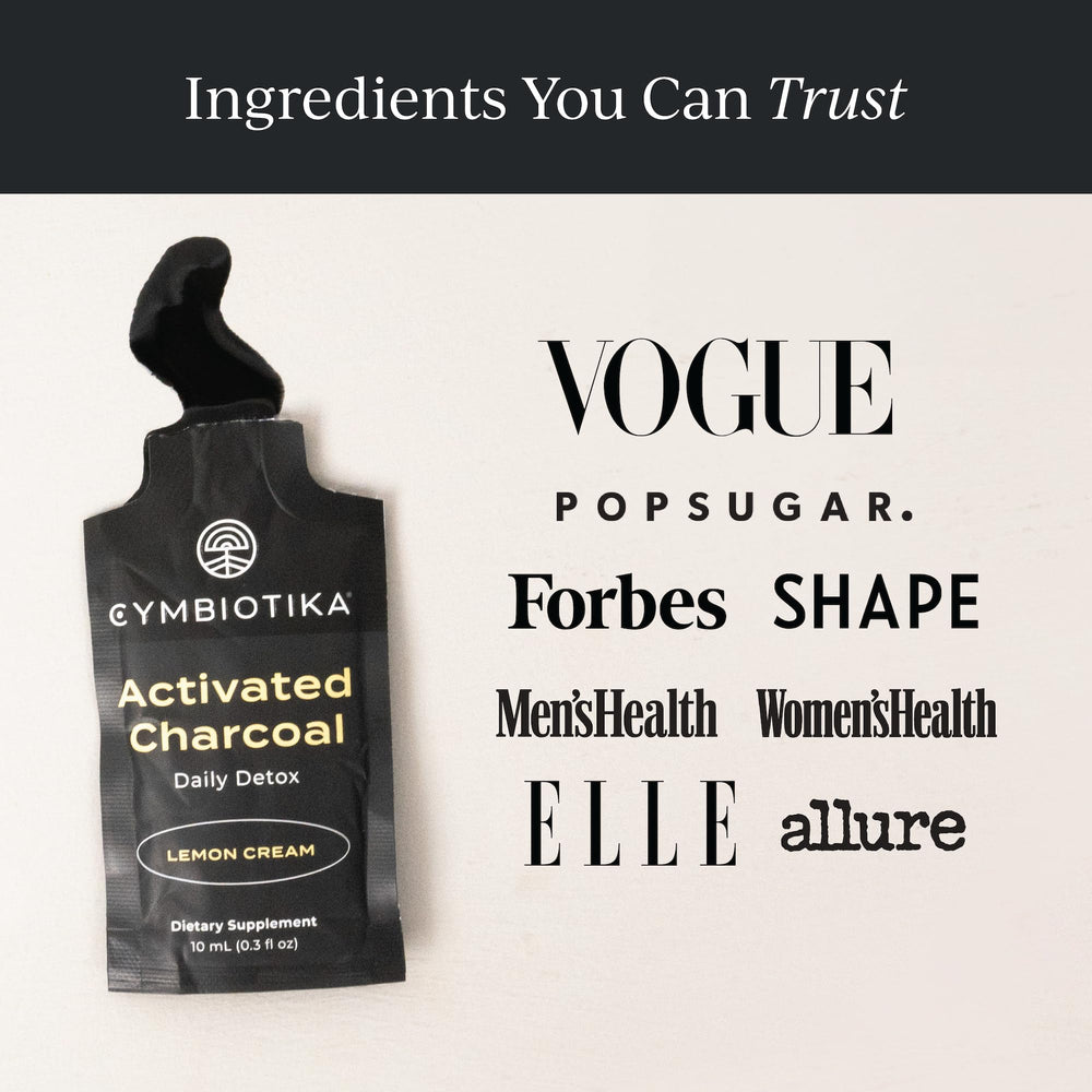 CYMBIOTIKA vegan keto-friendly charcoal supplement in convenient single-serve pouches.