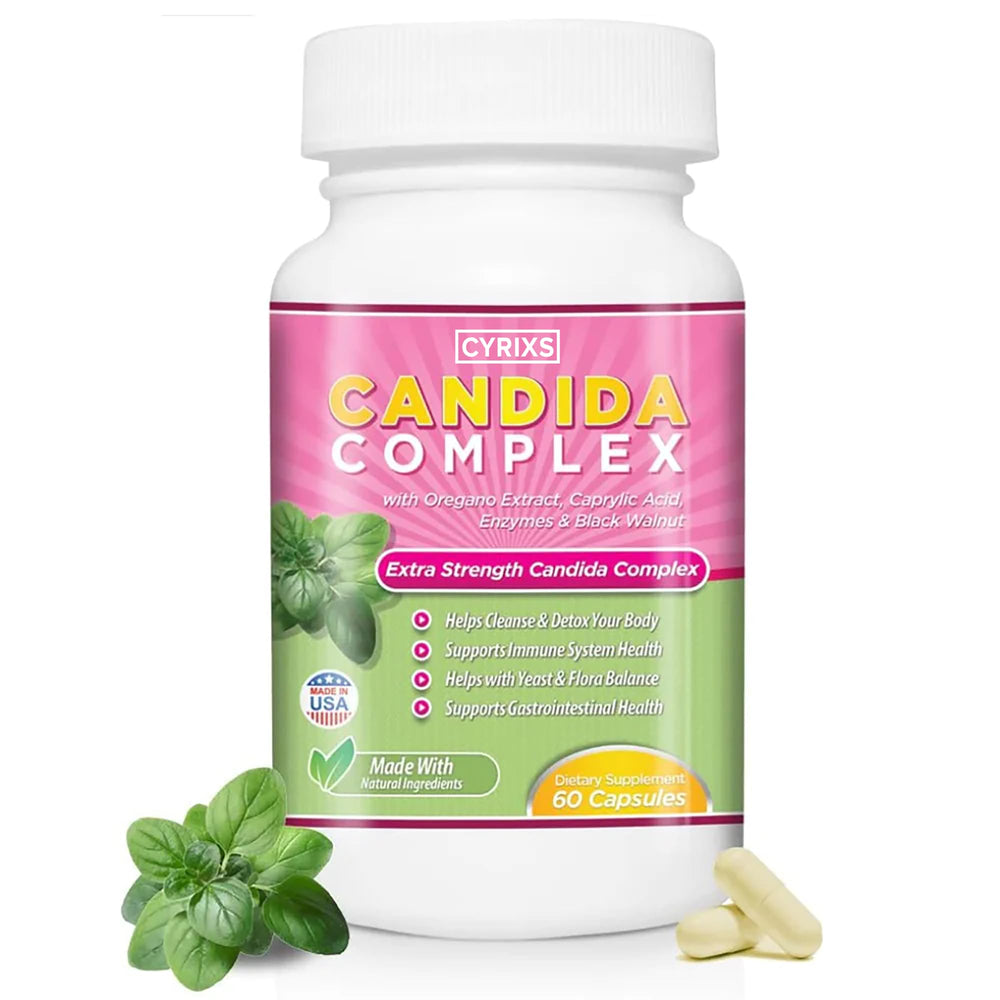 Cyrixs Health Candida Complex bottle with natural ingredients supporting vaginal balance.