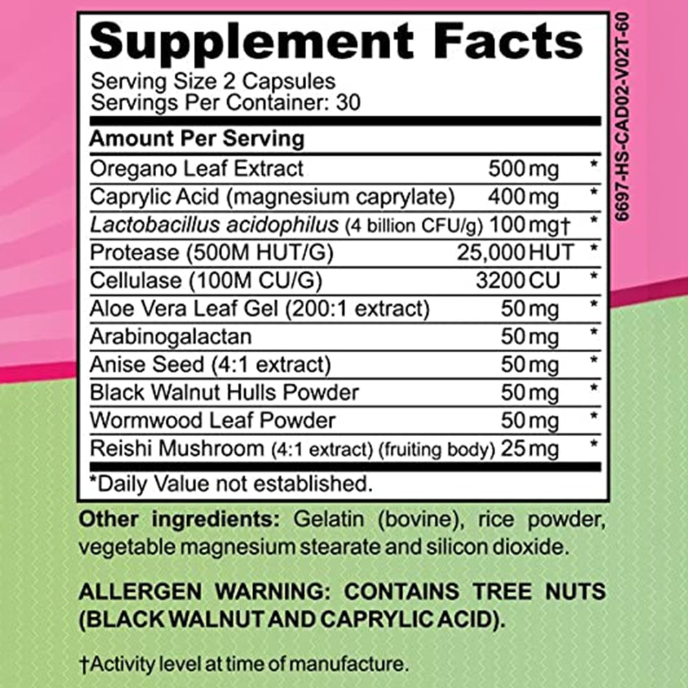Cyrixs Health Candida Complex label highlighting the herbal probiotic blend.