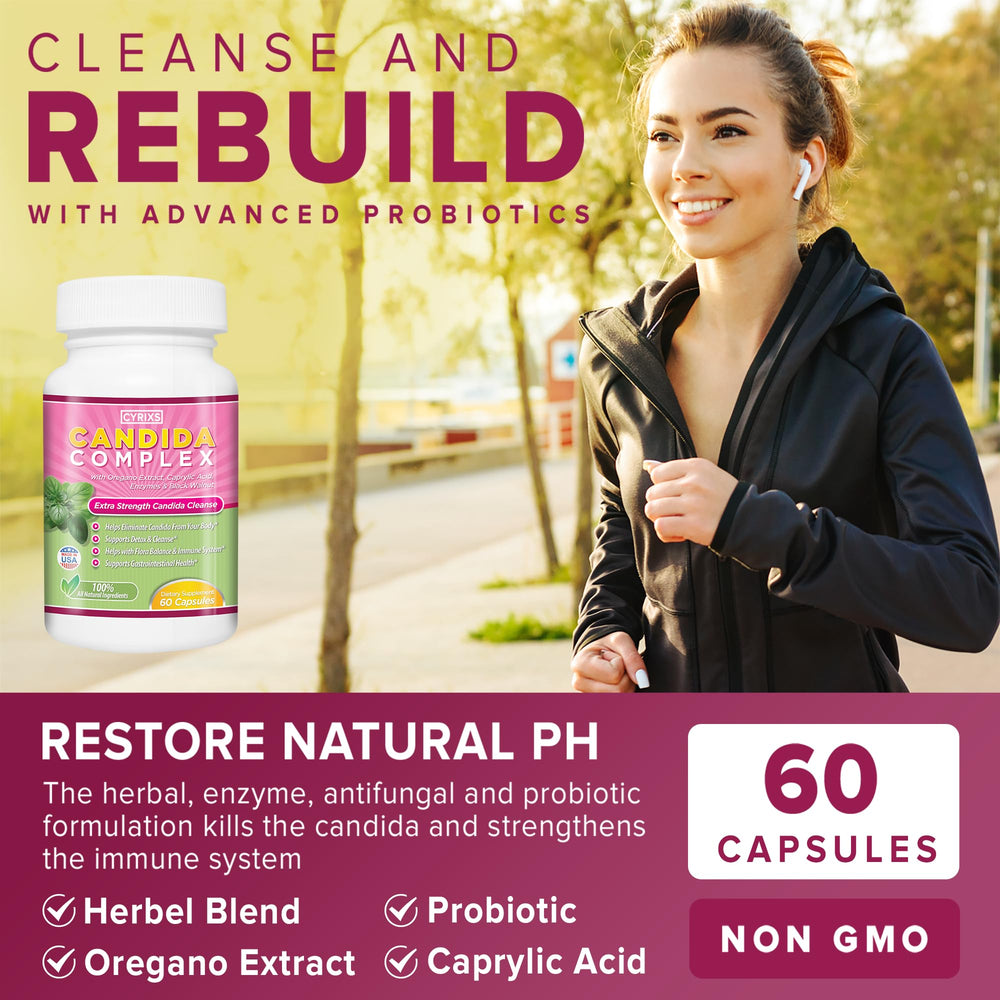 Cyrixs Health Candida Complex usage guide showing capsule and directions.