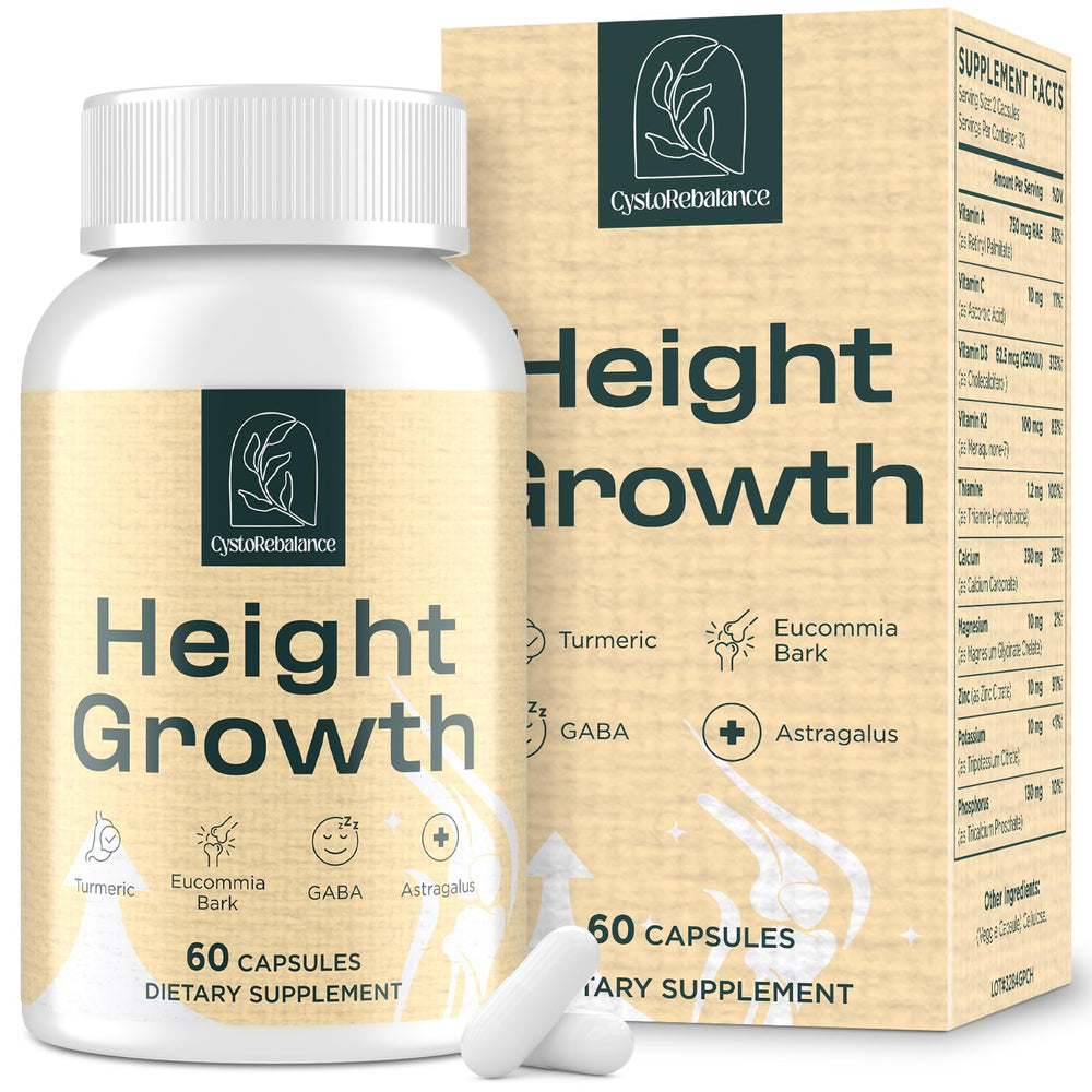 CystoRebalance bone strength bottle shown for daily growth support.