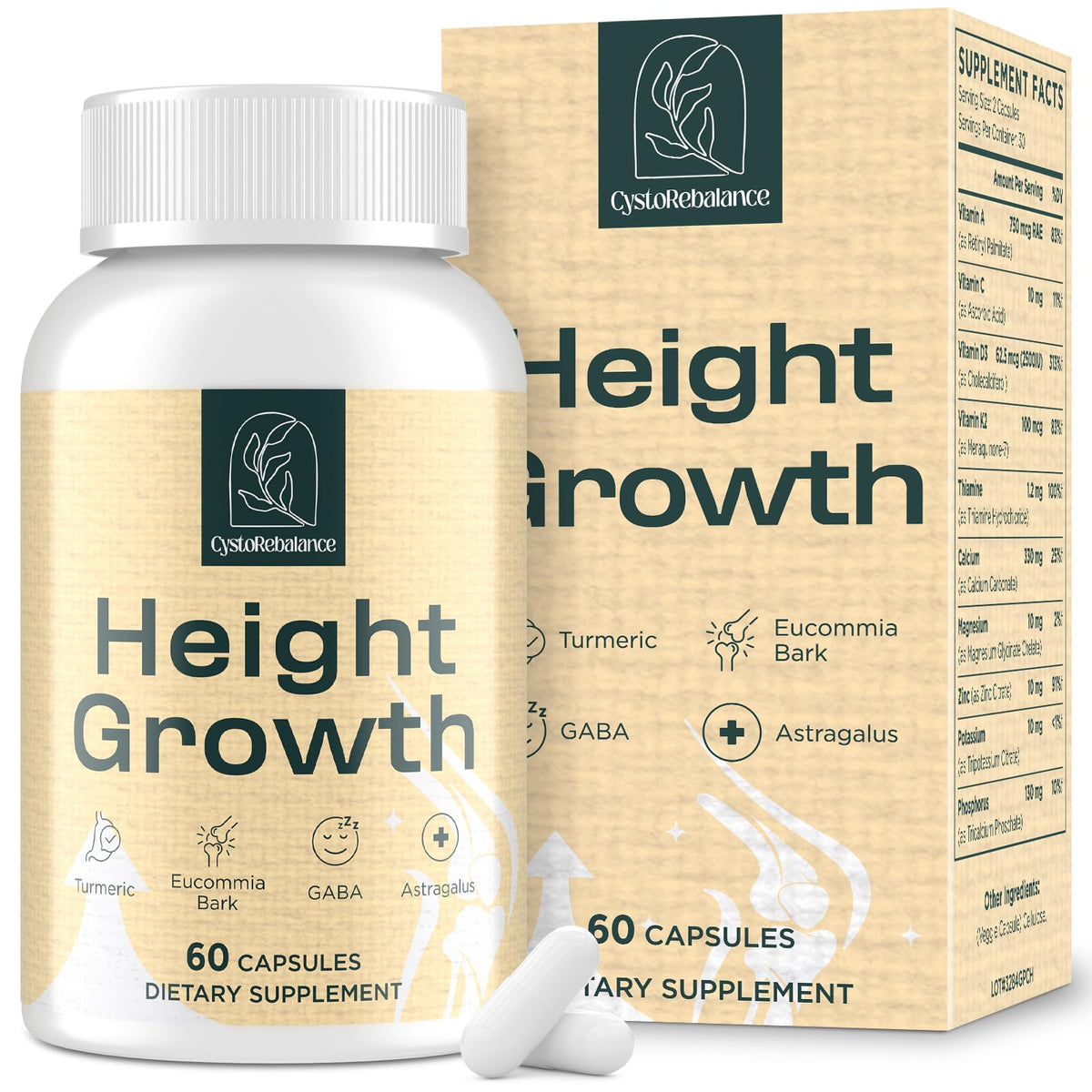 CystoRebalance bone strength bottle shown for daily growth support.