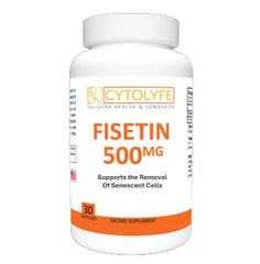 CYTOLYFE Fisetin 500mg capsules bottle closeup highlighting potential cellular health support