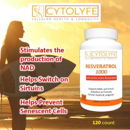 CYTOLYFE Resveratrol bottle label shows 1000mg trans-resveratrol and quercetin.