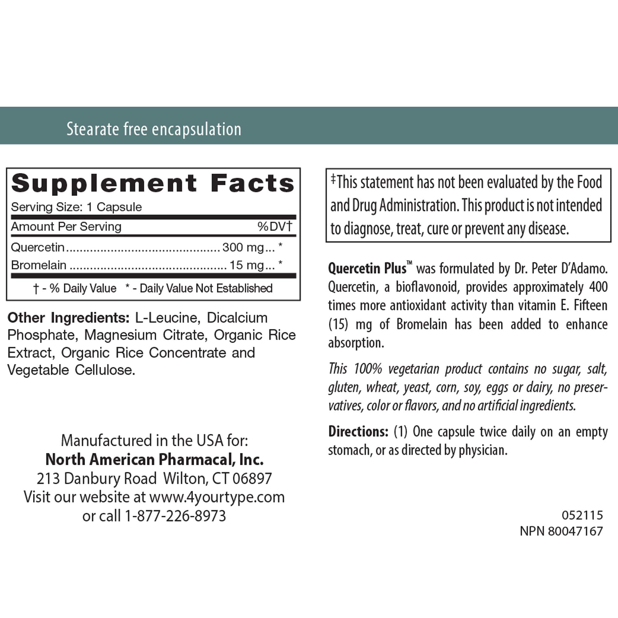 D'Adamo Quercetin Plus label detail showing 90 capsules for daily wellness.