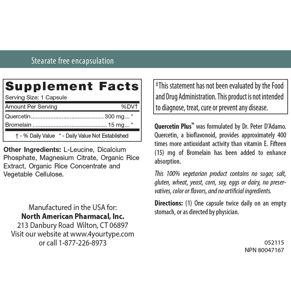 D'Adamo Quercetin Plus label detail showing 90 capsules for daily wellness.