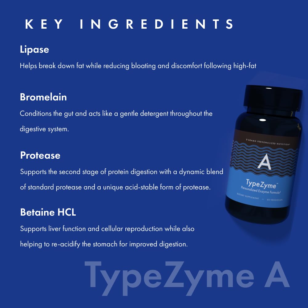 D'Adamo TypeZyme bottle being poured suggesting easy daily supplement use.