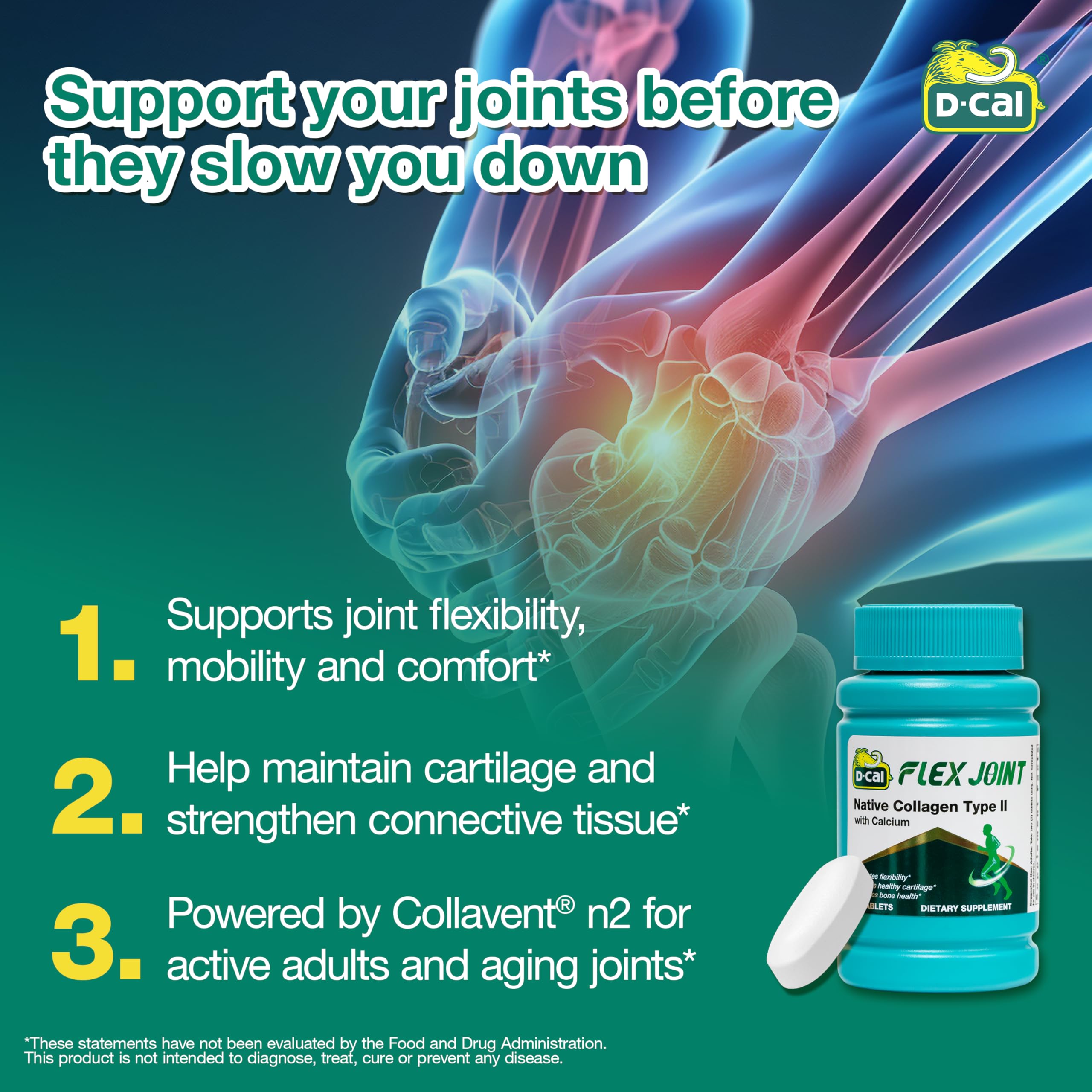 D-Cal Flex Joint tablets close-up ready for daily use.