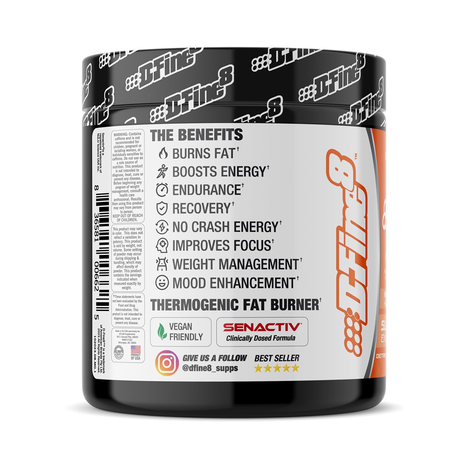 D-Fine8 mango orange flavor label showcases refreshing taste during workouts.