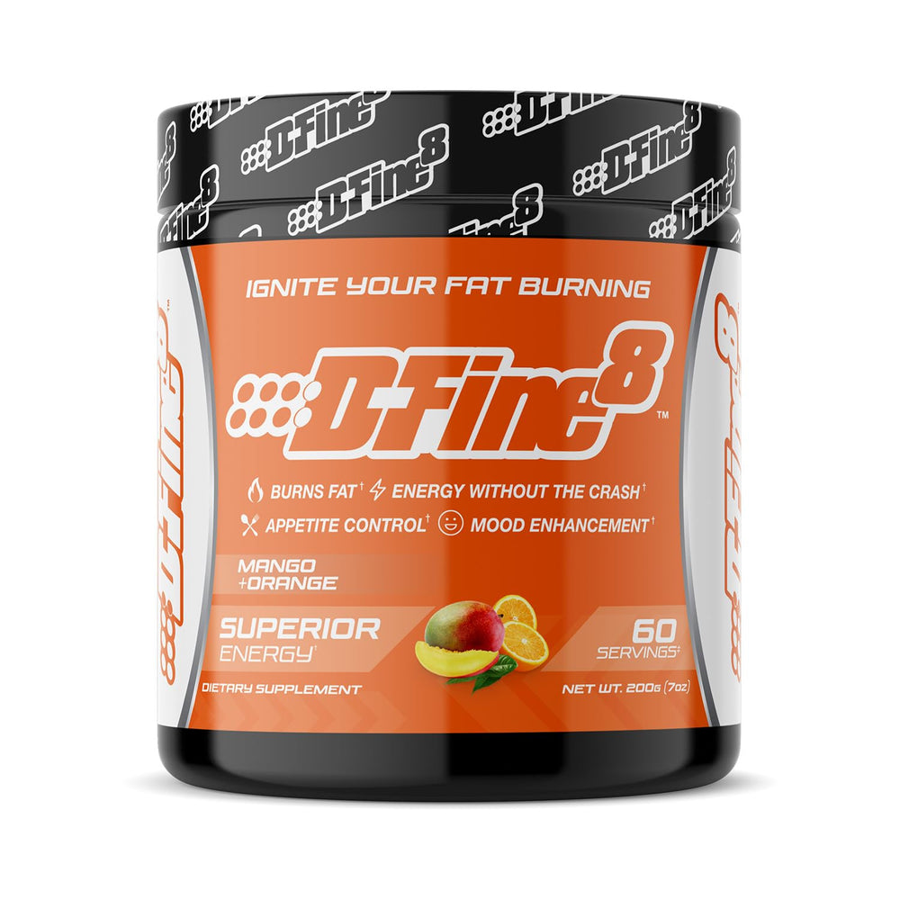 D-Fine8 thermogenic pre-workout bottle boosts energy and focus for training sessions.