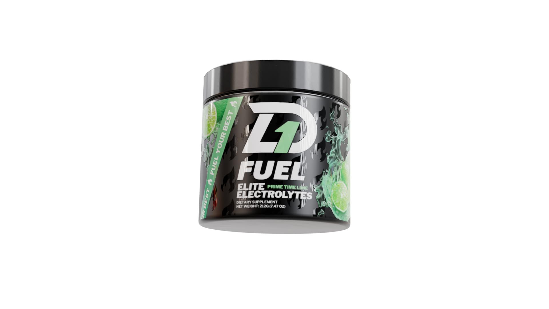 D1 Fuel Elite Electrolyte Prime Time Lime pack image highlights zero-sugar hydration for workouts.