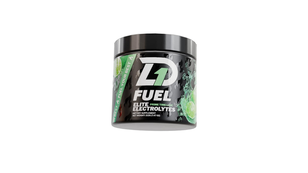 D1 Fuel Elite Electrolyte Prime Time Lime pack image highlights zero-sugar hydration for workouts.