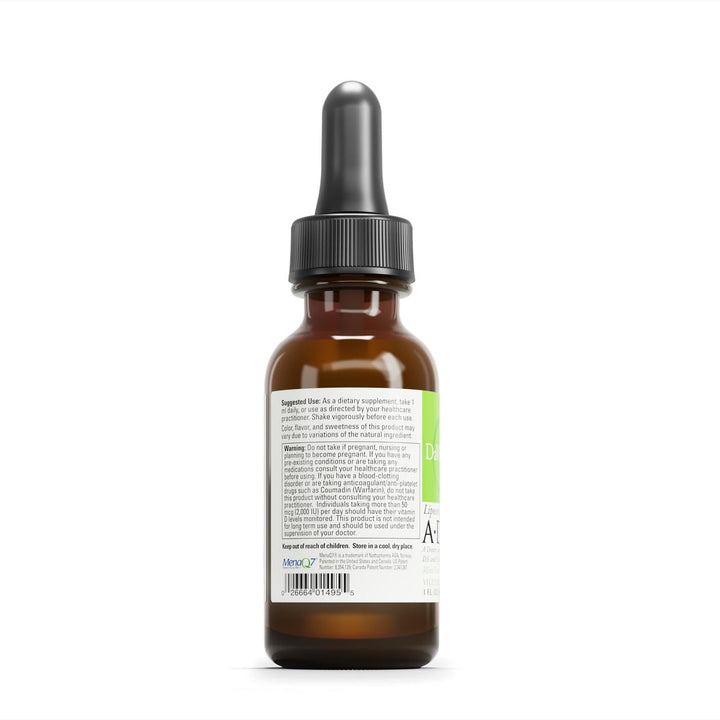 Close-up of the DAVINCI Liposomal ADK bottle on a kitchen counter for daily use.