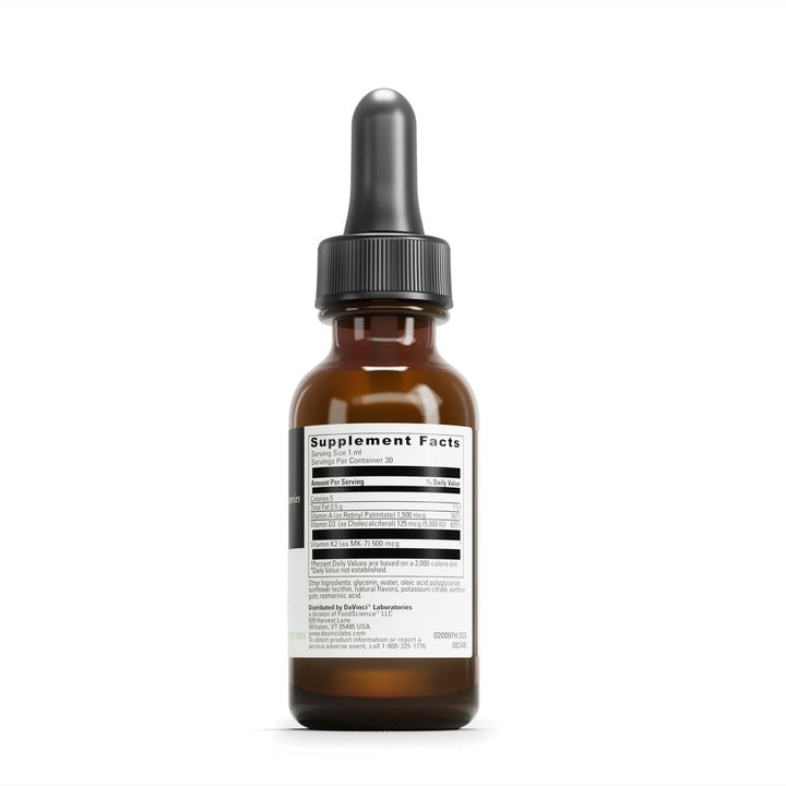 DAVINCI Labs Liposomal ADK label highlights vitamins A D3 K2 for heart support.