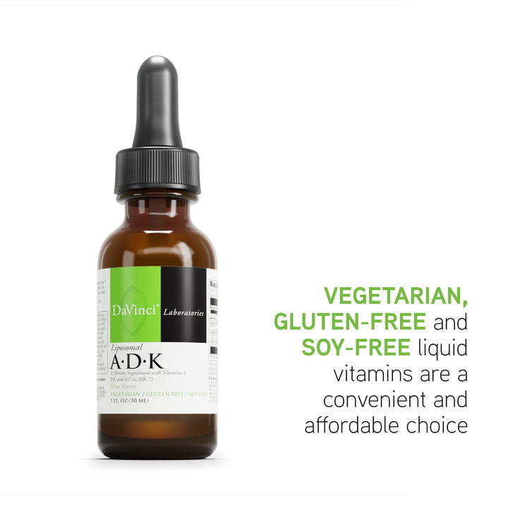 DAVINCI Labs Liposomal ADK packaging is gluten-free and vegetarian.