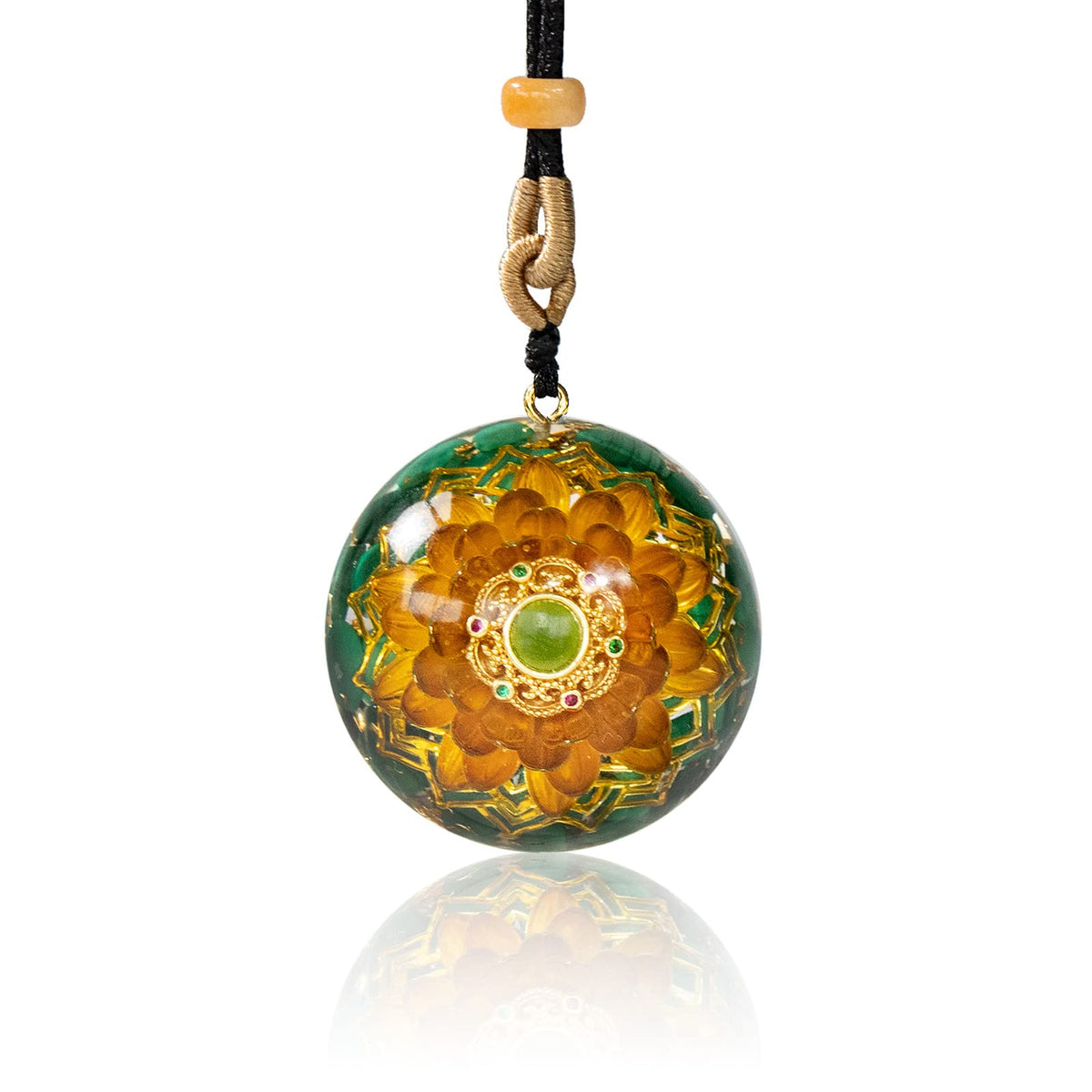 Da Piao Liang orgonite necklace with malachite and Flower of Life promotes calm energy