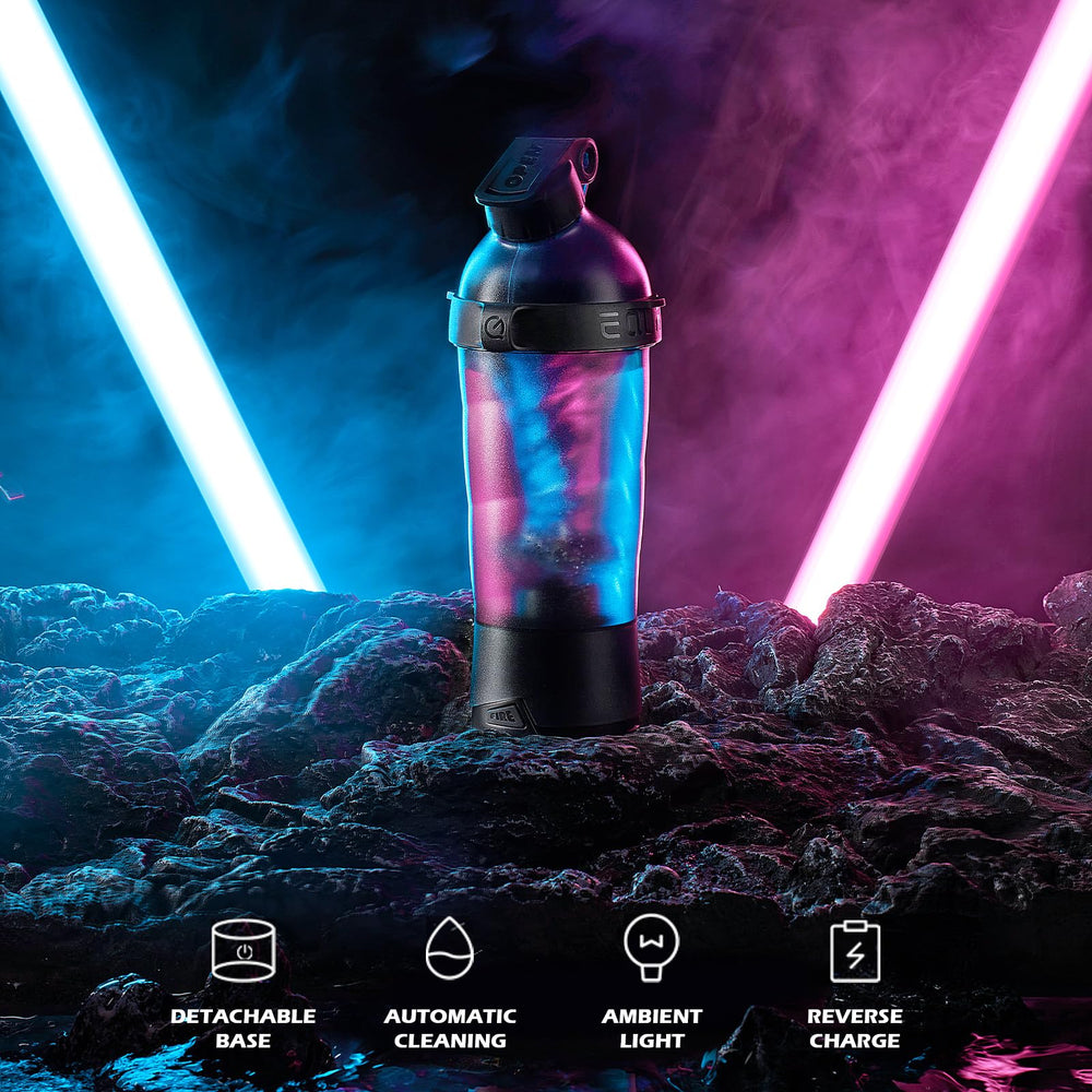 Daasigwaa electric shaker side view highlighting portable BPA-free design.