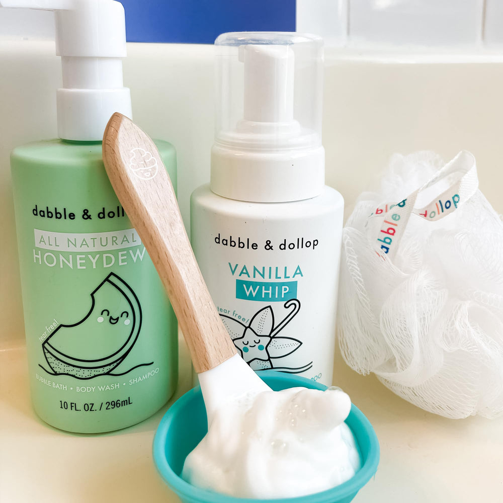 Dabble & Dollop 3-in-1 bottle illustrating versatile wash, bubbles, shampoo for family bath