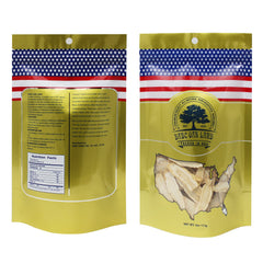 DABC OAK LAND American ginseng slices closeup shows slender, easy-to-steep strips for tea.