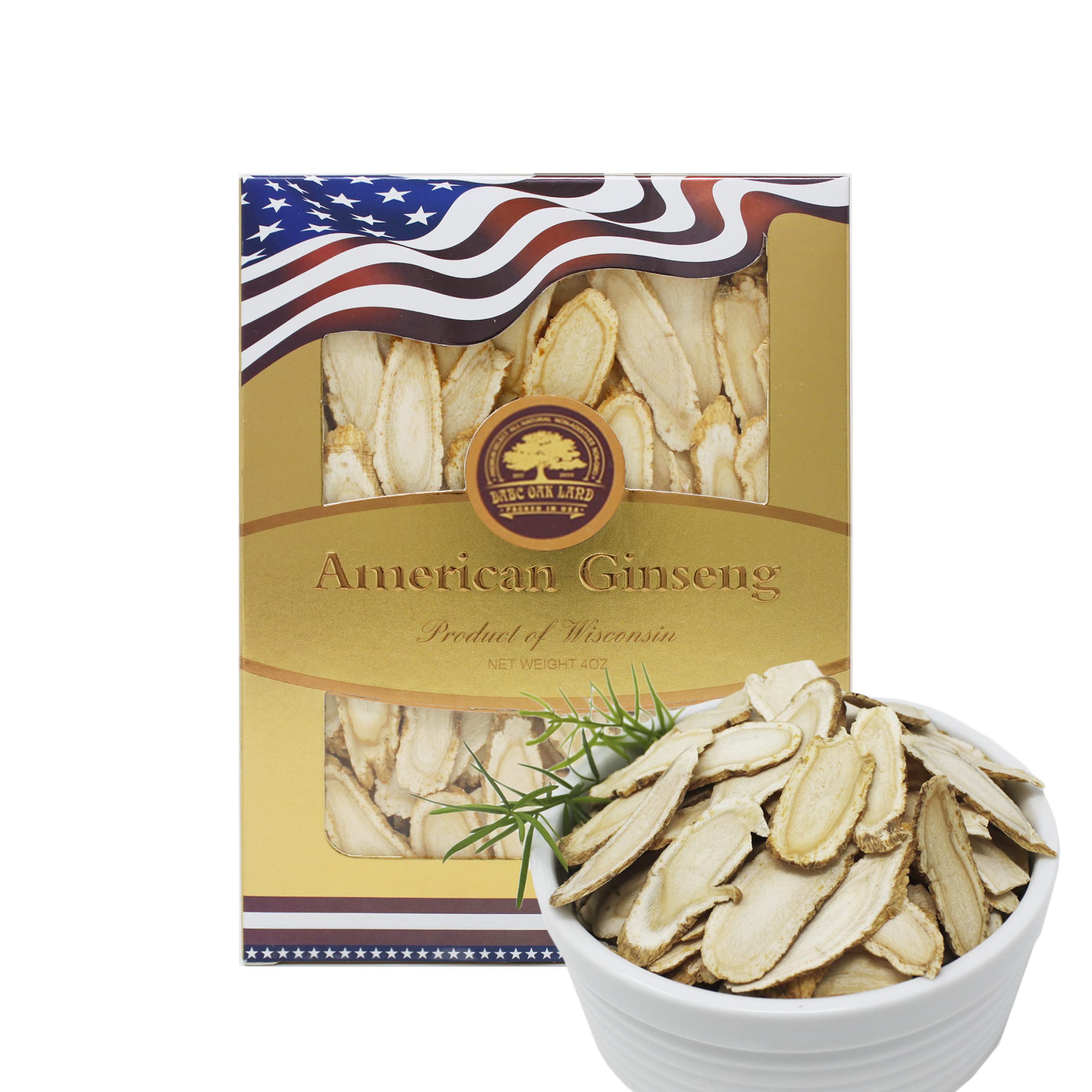 DABC OAK LAND American Ginseng Slices front packaging for premium ginseng tea.