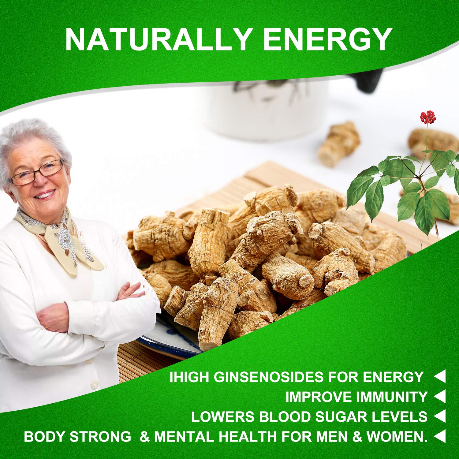 DABC OAK LAND American Ginseng slices non-GMO label for purity and safety.