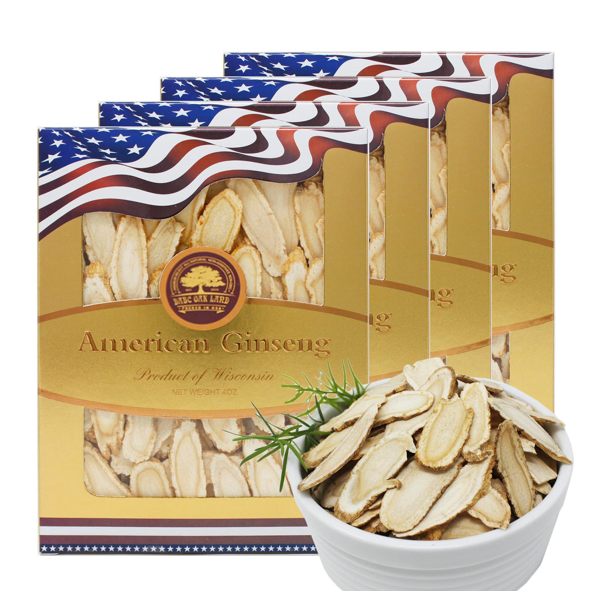 DABC OAK LAND American ginseng slices packaging highlights quality and freshness.