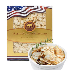 DABC OAK LAND American ginseng slices from Wisconsin in a box for freshness.