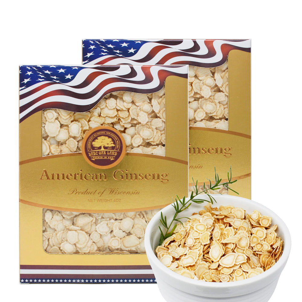 DABC OAK LAND Wisconsin ginseng slices on front packaging, gluten-free.