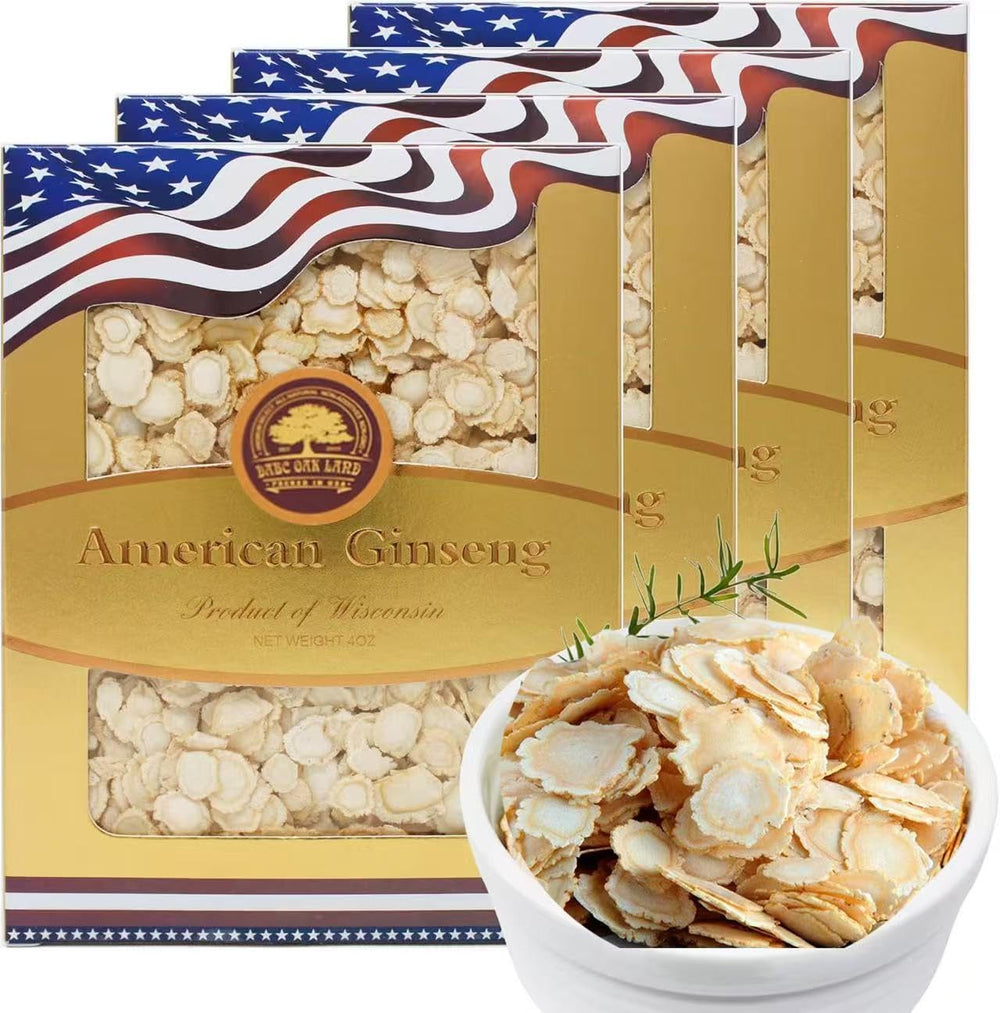 DABC OAK LAND Wisconsin ginseng slices packaging shows four boxes for easy daily energy support.