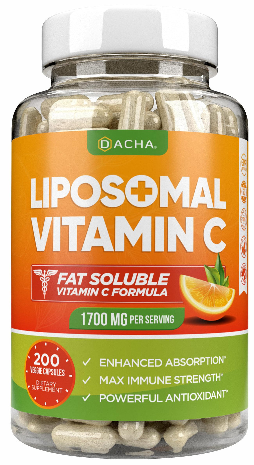 DACHA Liposomal Vitamin C bottle with a clear label and high potency for daily use.