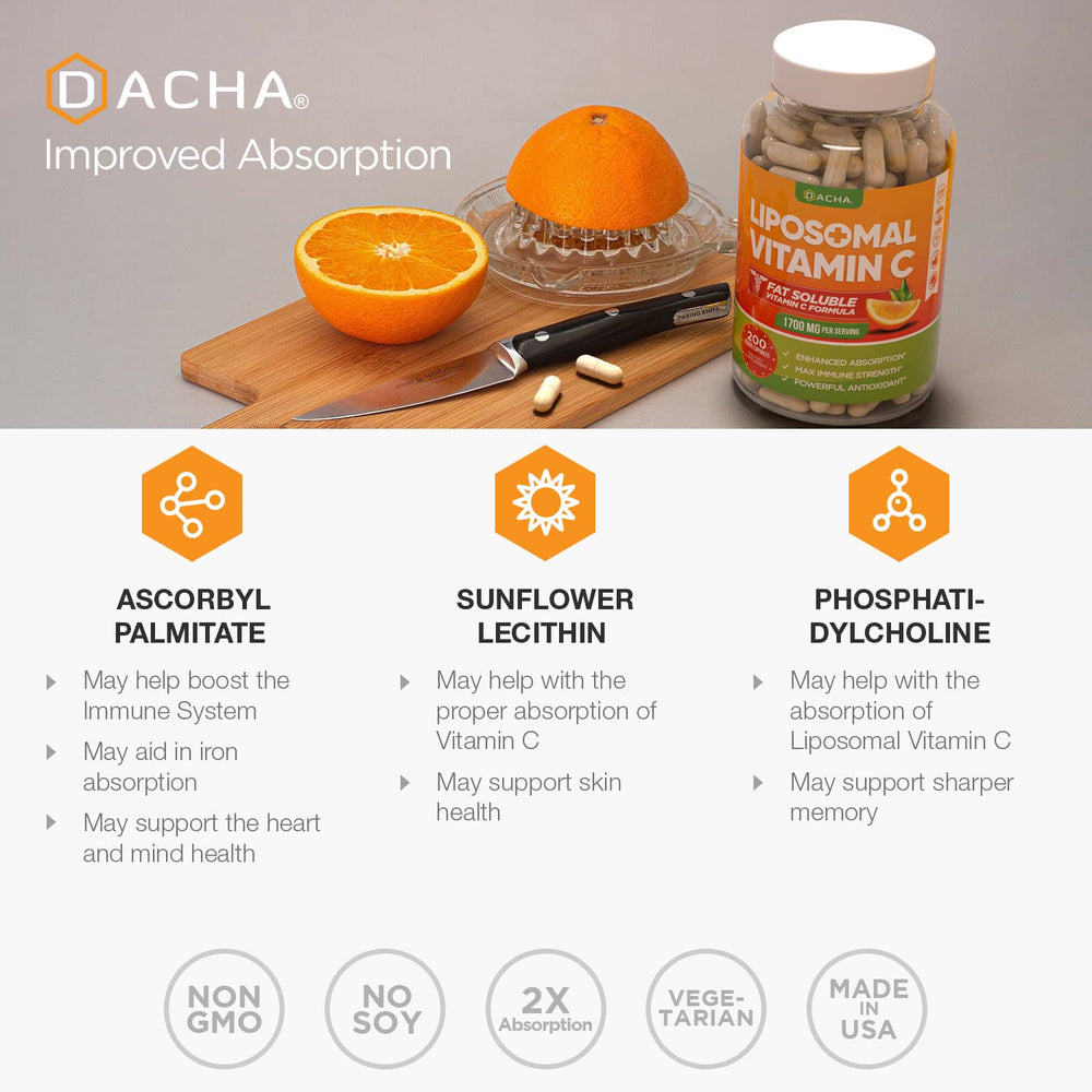 Vegan-friendly badge on DACHA Vitamin C bottle highlighting vegetarian capsules.